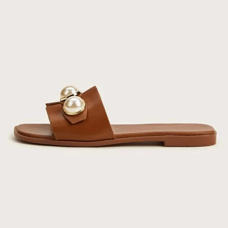 New Women's Slippers Fashion Casual Pearl Solid Color Flats Simple Outdoor Comfort Soft Sole Beach Sandals Sandalias Femininas