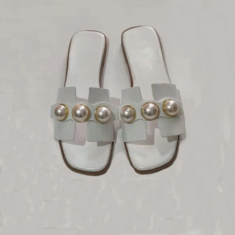 New Women's Slippers Fashion Casual Pearl Solid Color Flats Simple Outdoor Comfort Soft Sole Beach Sandals Sandalias Femininas